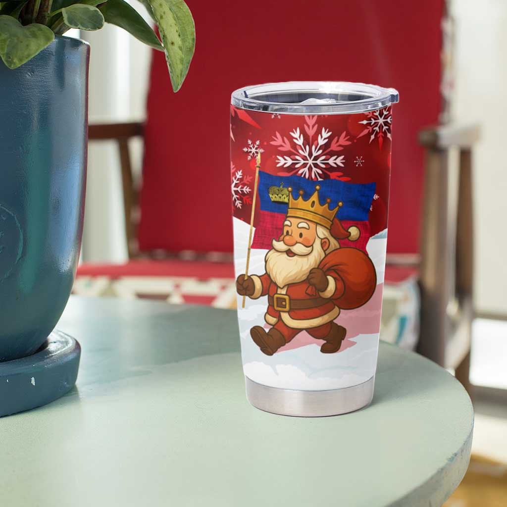 Liechtenstein Christmas Tumbler Cup with Santa Claus Castle Snowflakes and National Flag - Wonder Print Shop