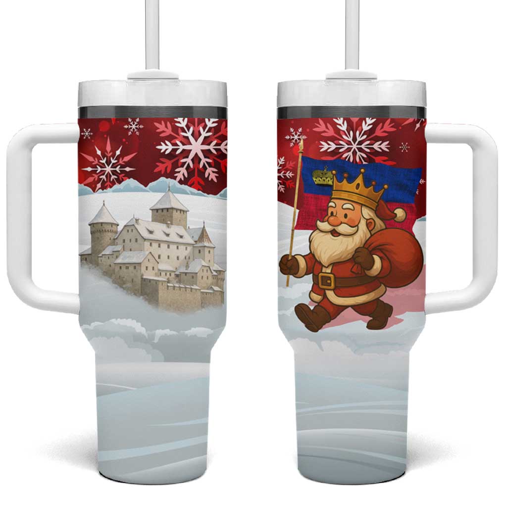 Liechtenstein Christmas Tumbler With Handle with Santa Claus Castle Snowflakes and National Flag - Wonder Print Shop
