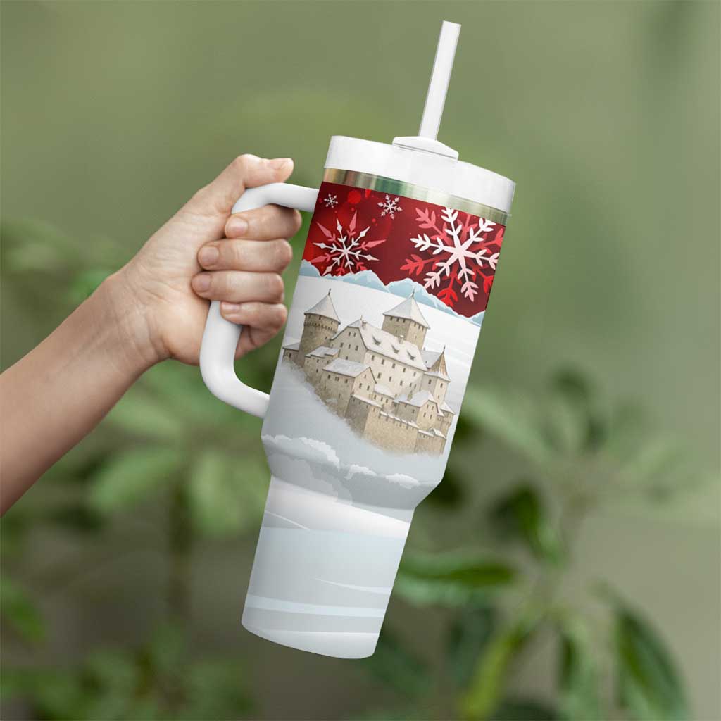 Liechtenstein Christmas Tumbler With Handle with Santa Claus Castle Snowflakes and National Flag - Wonder Print Shop