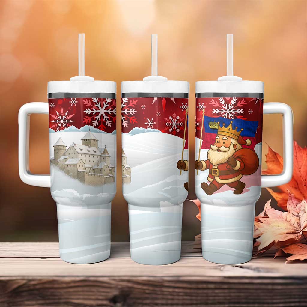 Liechtenstein Christmas Tumbler With Handle with Santa Claus Castle Snowflakes and National Flag - Wonder Print Shop