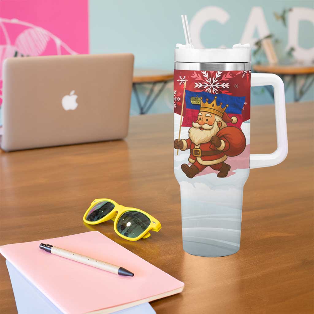 Liechtenstein Christmas Tumbler With Handle with Santa Claus Castle Snowflakes and National Flag - Wonder Print Shop