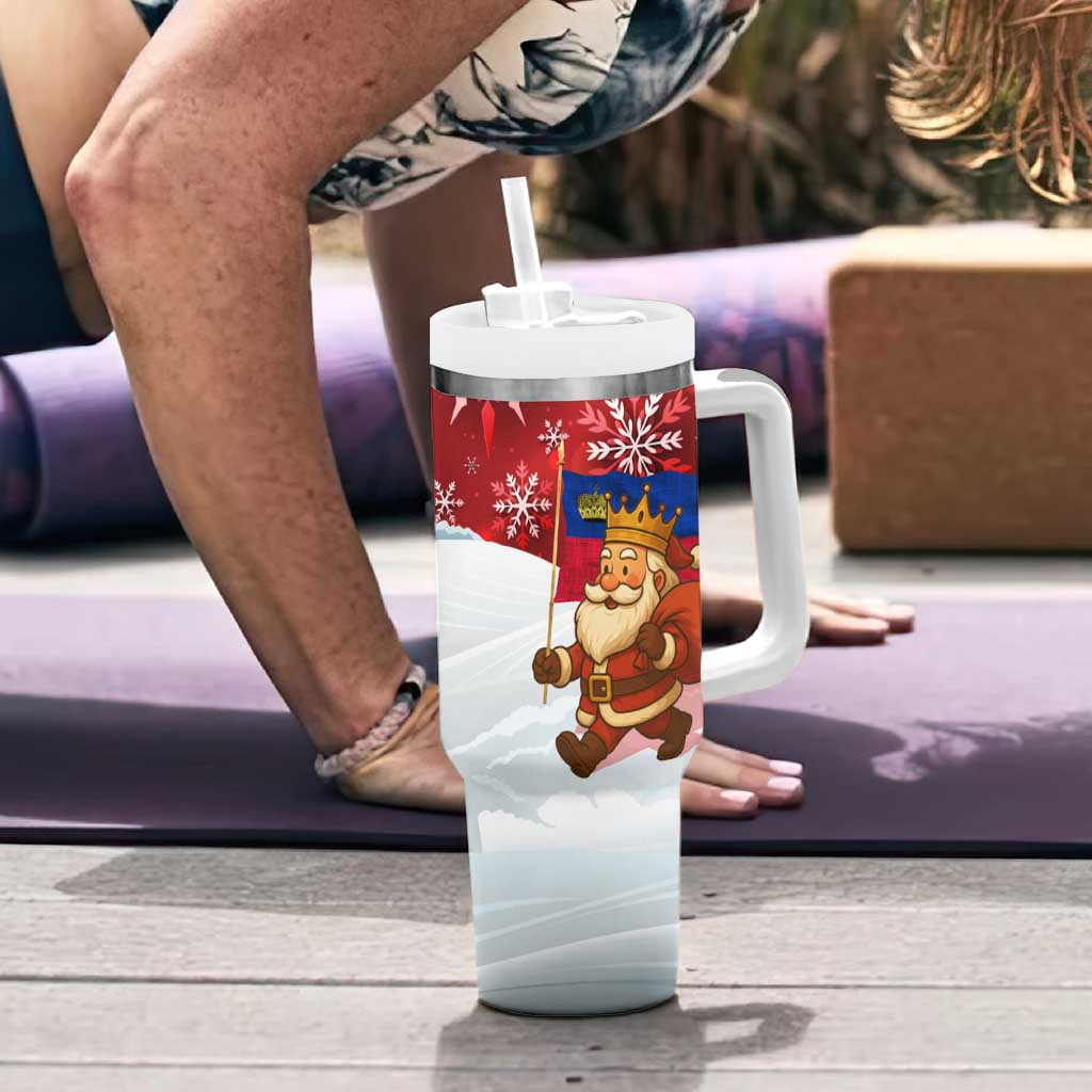Liechtenstein Christmas Tumbler With Handle with Santa Claus Castle Snowflakes and National Flag - Wonder Print Shop