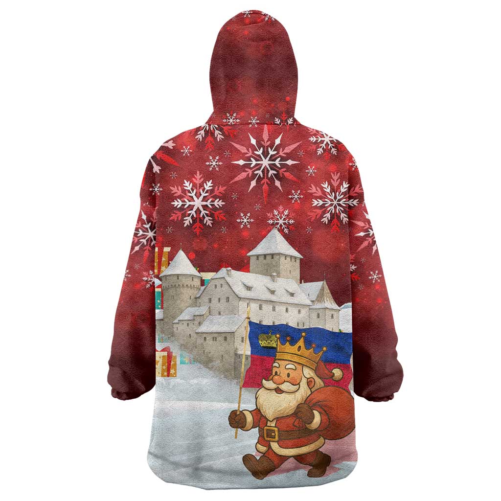 Liechtenstein Christmas Wearable Blanket Hoodie with Santa Claus Castle Snowflakes and National Flag - Wonder Print Shop