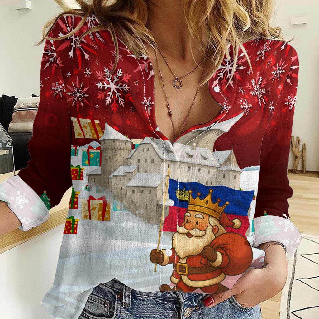 Liechtenstein Christmas Women Casual Shirt with Santa Claus Castle Snowflakes and National Flag - Wonder Print Shop