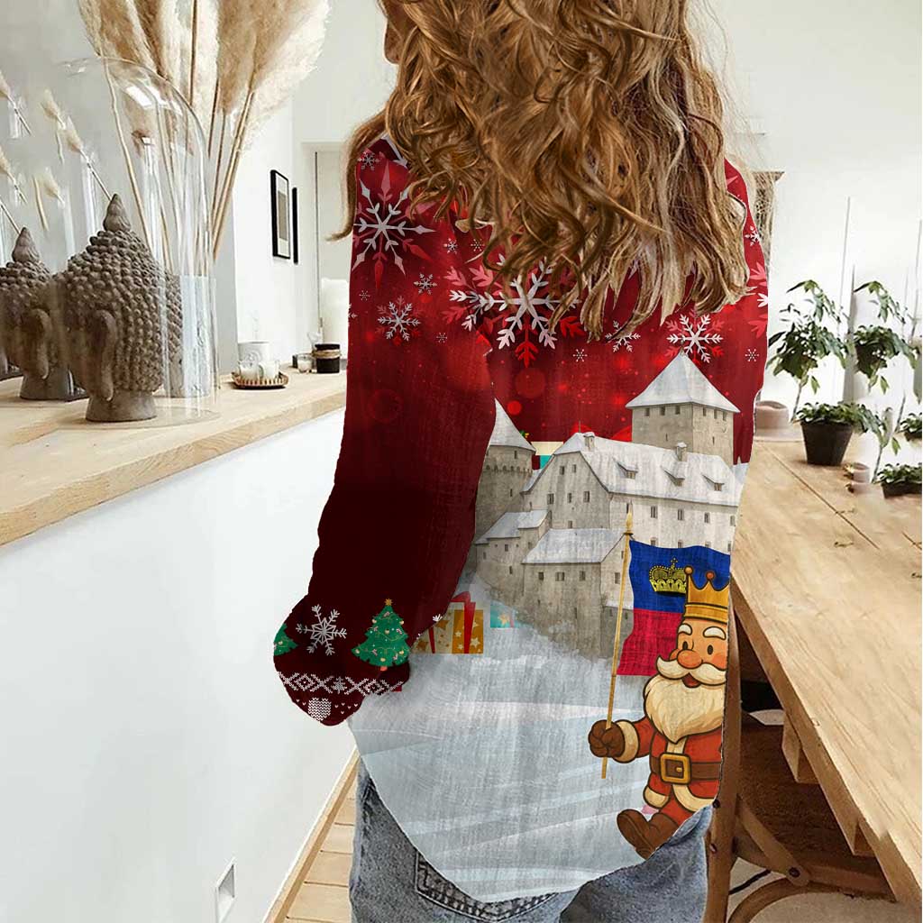 Liechtenstein Christmas Women Casual Shirt with Santa Claus Castle Snowflakes and National Flag - Wonder Print Shop