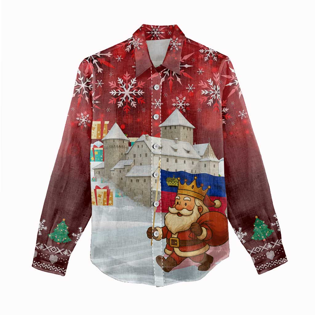 Liechtenstein Christmas Women Casual Shirt with Santa Claus Castle Snowflakes and National Flag - Wonder Print Shop