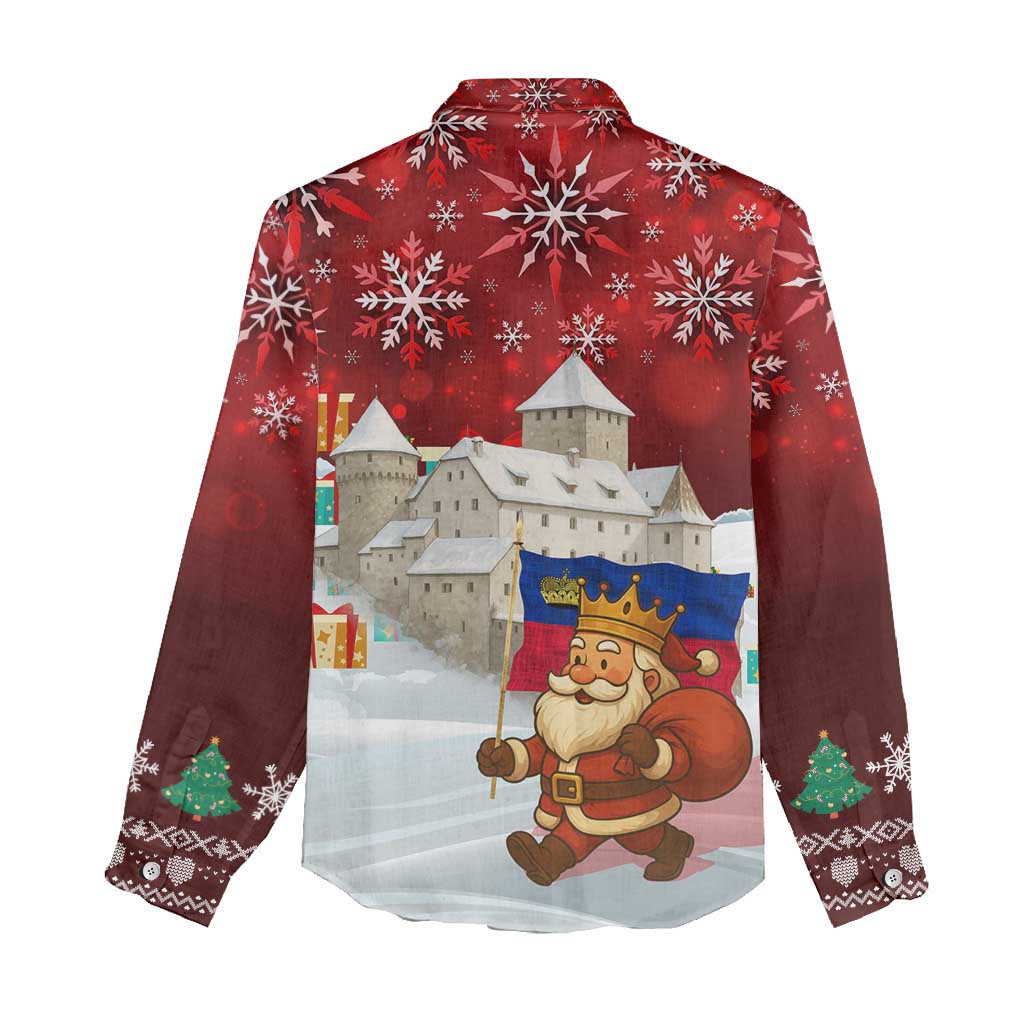 Liechtenstein Christmas Women Casual Shirt with Santa Claus Castle Snowflakes and National Flag - Wonder Print Shop