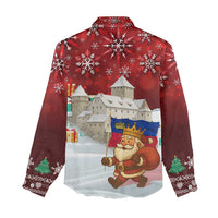 Liechtenstein Christmas Women Casual Shirt with Santa Claus Castle Snowflakes and National Flag - Wonder Print Shop