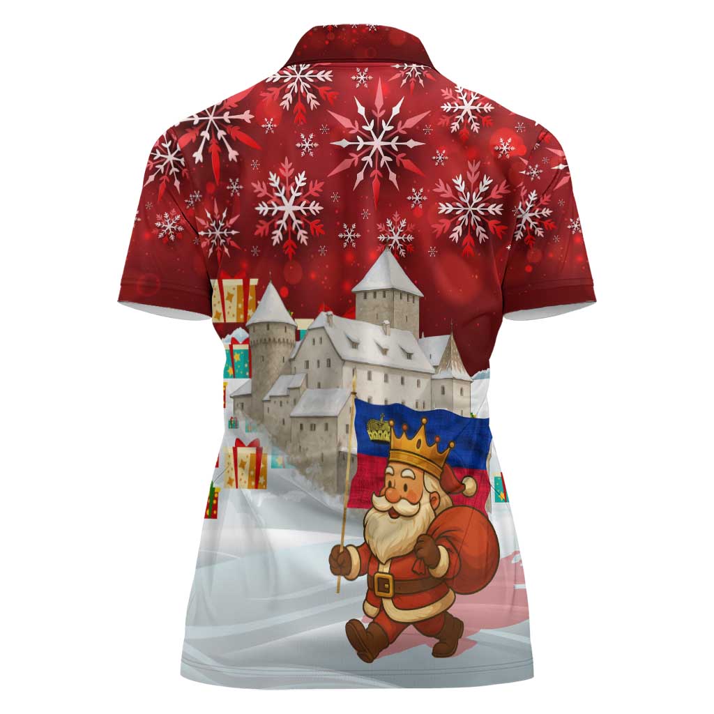 Liechtenstein Christmas Women Polo Shirt with Santa Claus Castle Snowflakes and National Flag - Wonder Print Shop