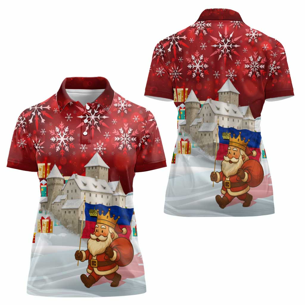 Liechtenstein Christmas Women Polo Shirt with Santa Claus Castle Snowflakes and National Flag - Wonder Print Shop