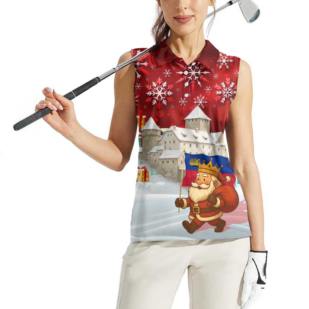 Liechtenstein Christmas Women Sleeveless Polo Shirt with Santa Claus Castle Snowflakes and National Flag - Wonder Print Shop