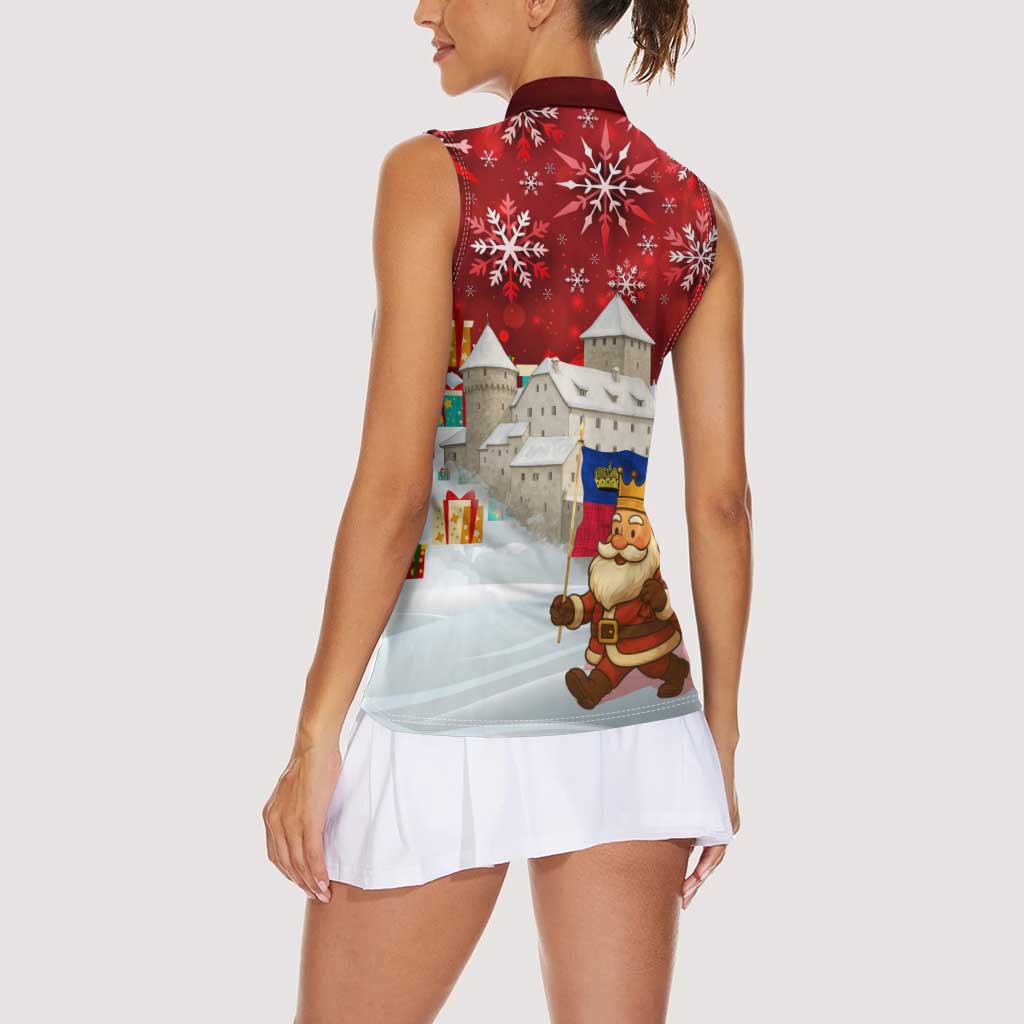 Liechtenstein Christmas Women Sleeveless Polo Shirt with Santa Claus Castle Snowflakes and National Flag - Wonder Print Shop