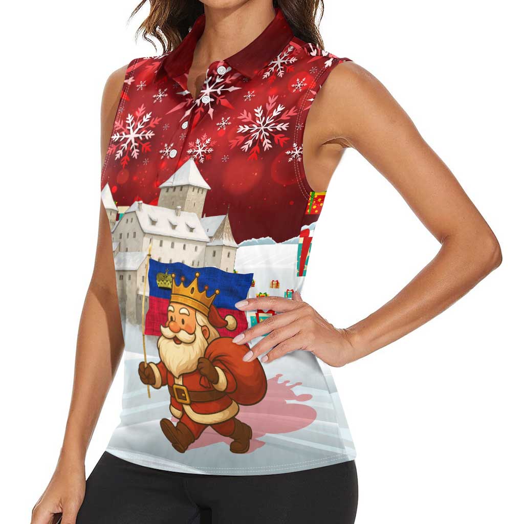 Liechtenstein Christmas Women Sleeveless Polo Shirt with Santa Claus Castle Snowflakes and National Flag - Wonder Print Shop
