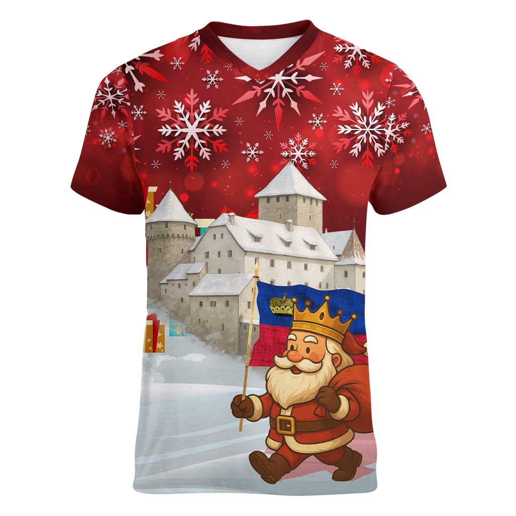 Liechtenstein Christmas Women V-Neck T-Shirt with Santa Claus Castle Snowflakes and National Flag - Wonder Print Shop