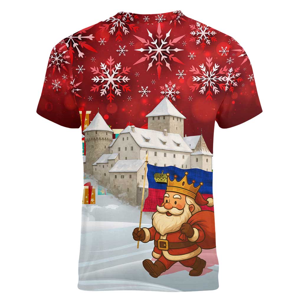 Liechtenstein Christmas Women V-Neck T-Shirt with Santa Claus Castle Snowflakes and National Flag - Wonder Print Shop
