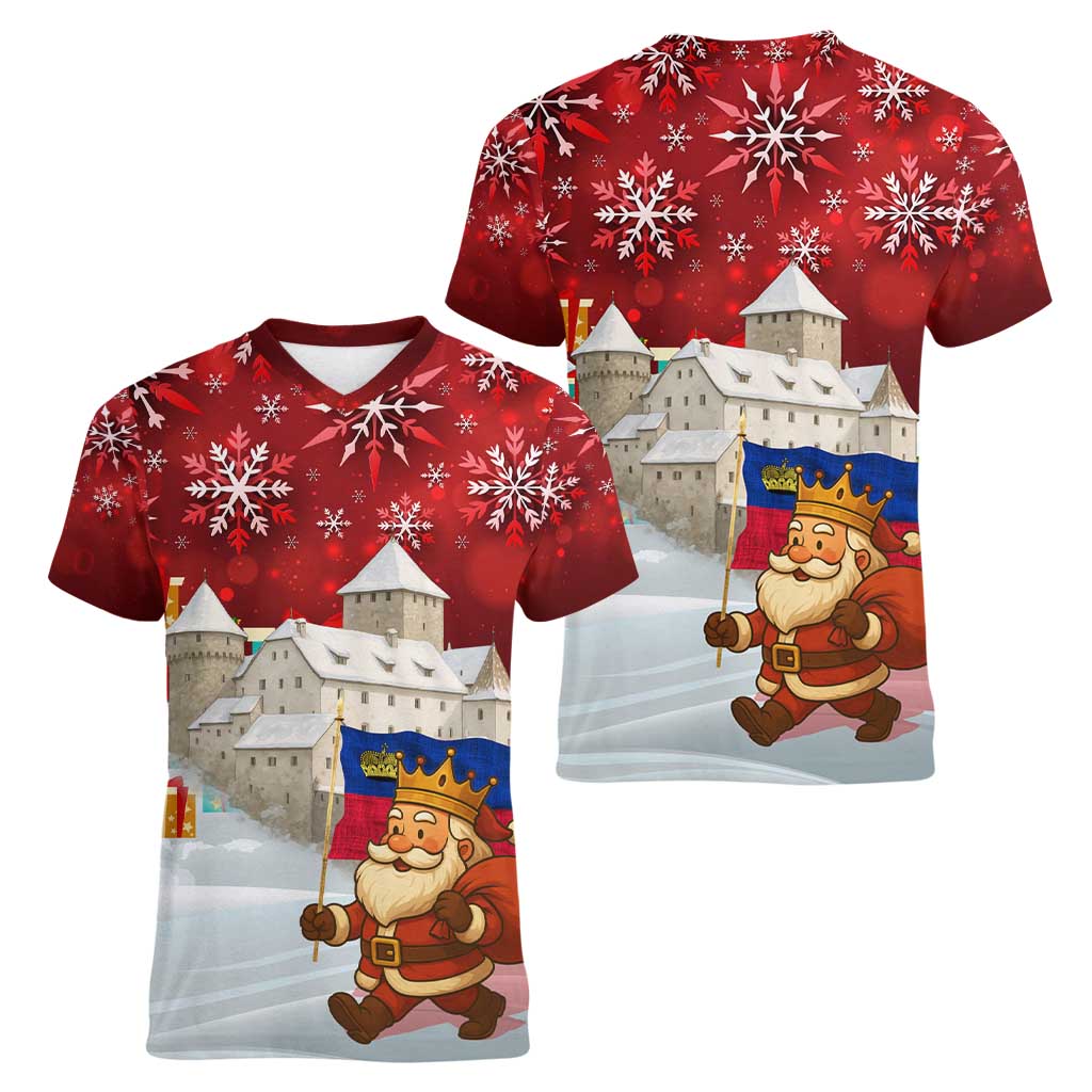 Liechtenstein Christmas Women V-Neck T-Shirt with Santa Claus Castle Snowflakes and National Flag - Wonder Print Shop