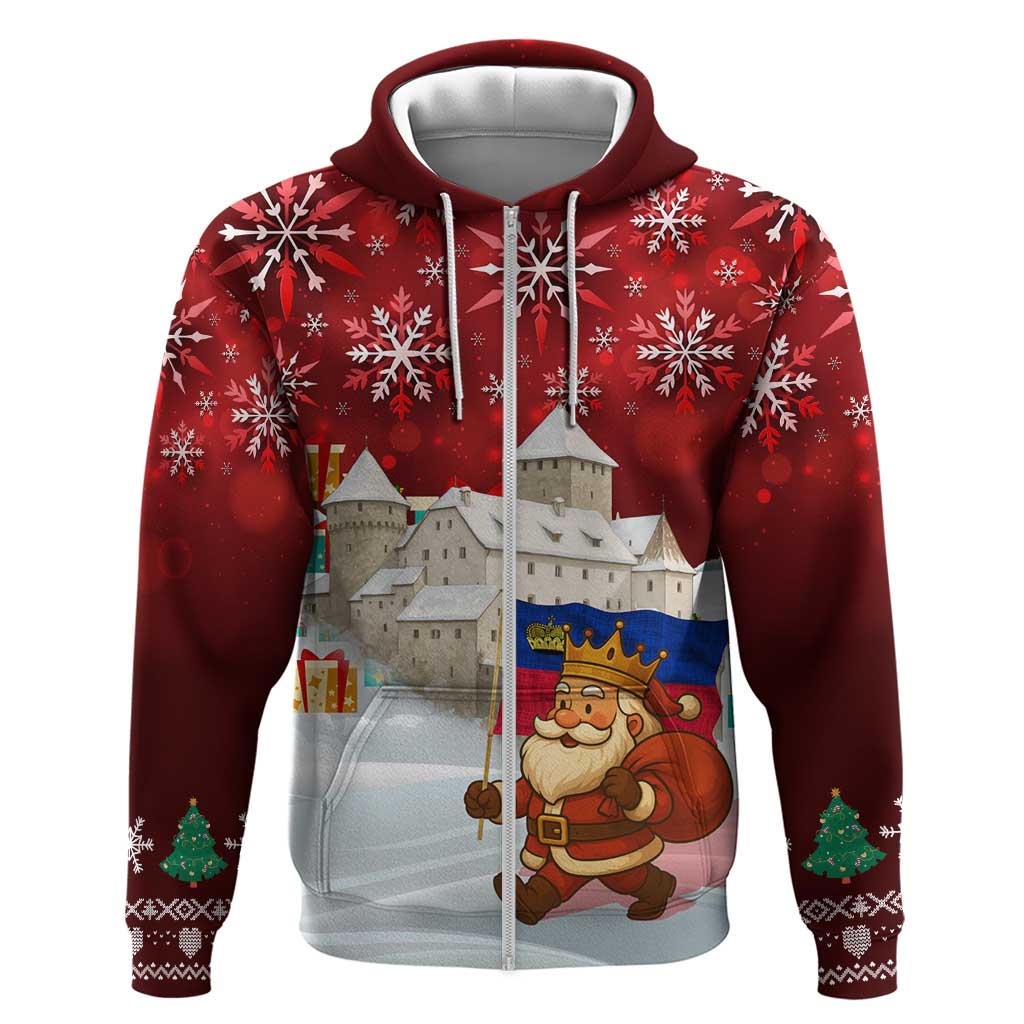 Liechtenstein Christmas Zip Hoodie with Santa Claus Castle Snowflakes and National Flag - Wonder Print Shop