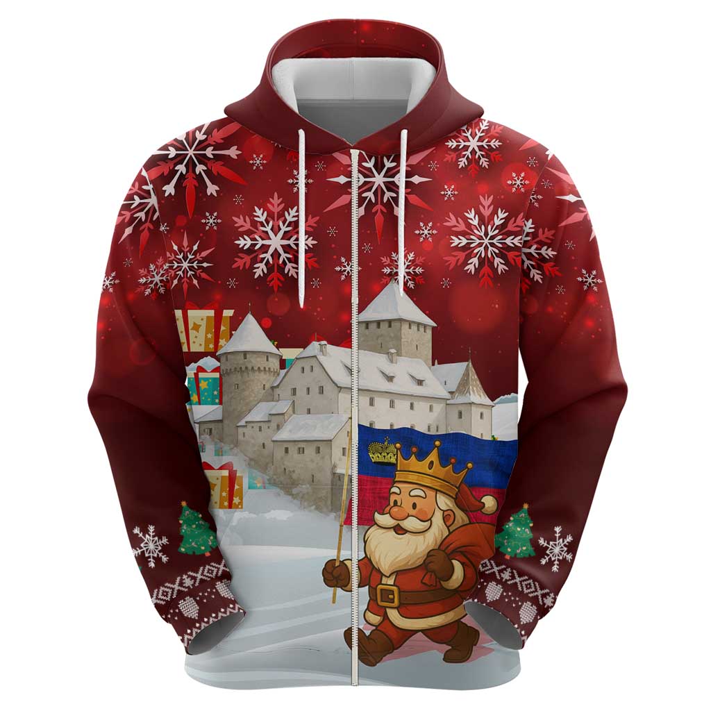 Liechtenstein Christmas Zip Hoodie with Santa Claus Castle Snowflakes and National Flag - Wonder Print Shop