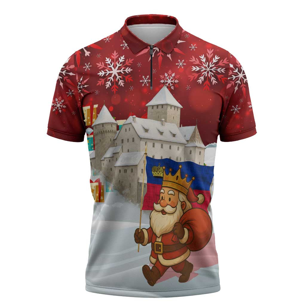 Liechtenstein Christmas Zipper Polo Shirt with Santa Claus Castle Snowflakes and National Flag - Wonder Print Shop