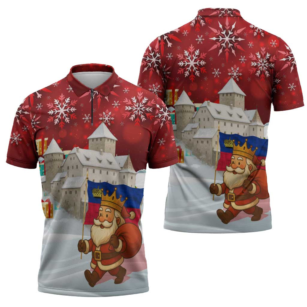 Liechtenstein Christmas Zipper Polo Shirt with Santa Claus Castle Snowflakes and National Flag - Wonder Print Shop