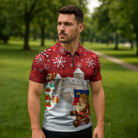 Liechtenstein Christmas Zipper Polo Shirt with Santa Claus Castle Snowflakes and National Flag - Wonder Print Shop