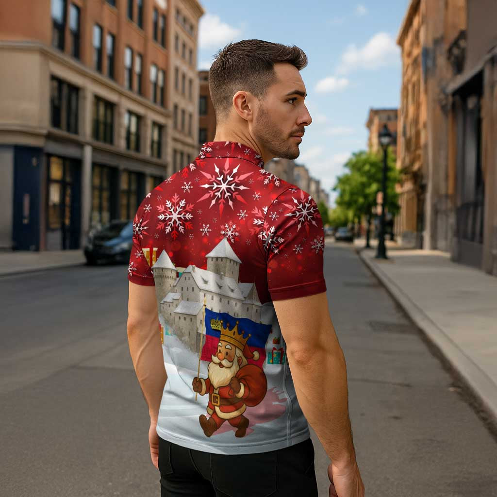Liechtenstein Christmas Zipper Polo Shirt with Santa Claus Castle Snowflakes and National Flag - Wonder Print Shop