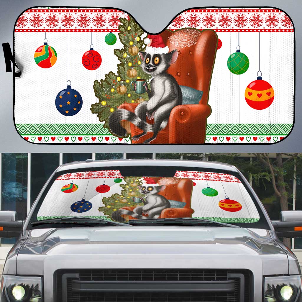 Madagascar Christmas Auto Sun Shade with Lemur Santa Hat Holiday Tree and Festive Pattern - Wonder Print Shop