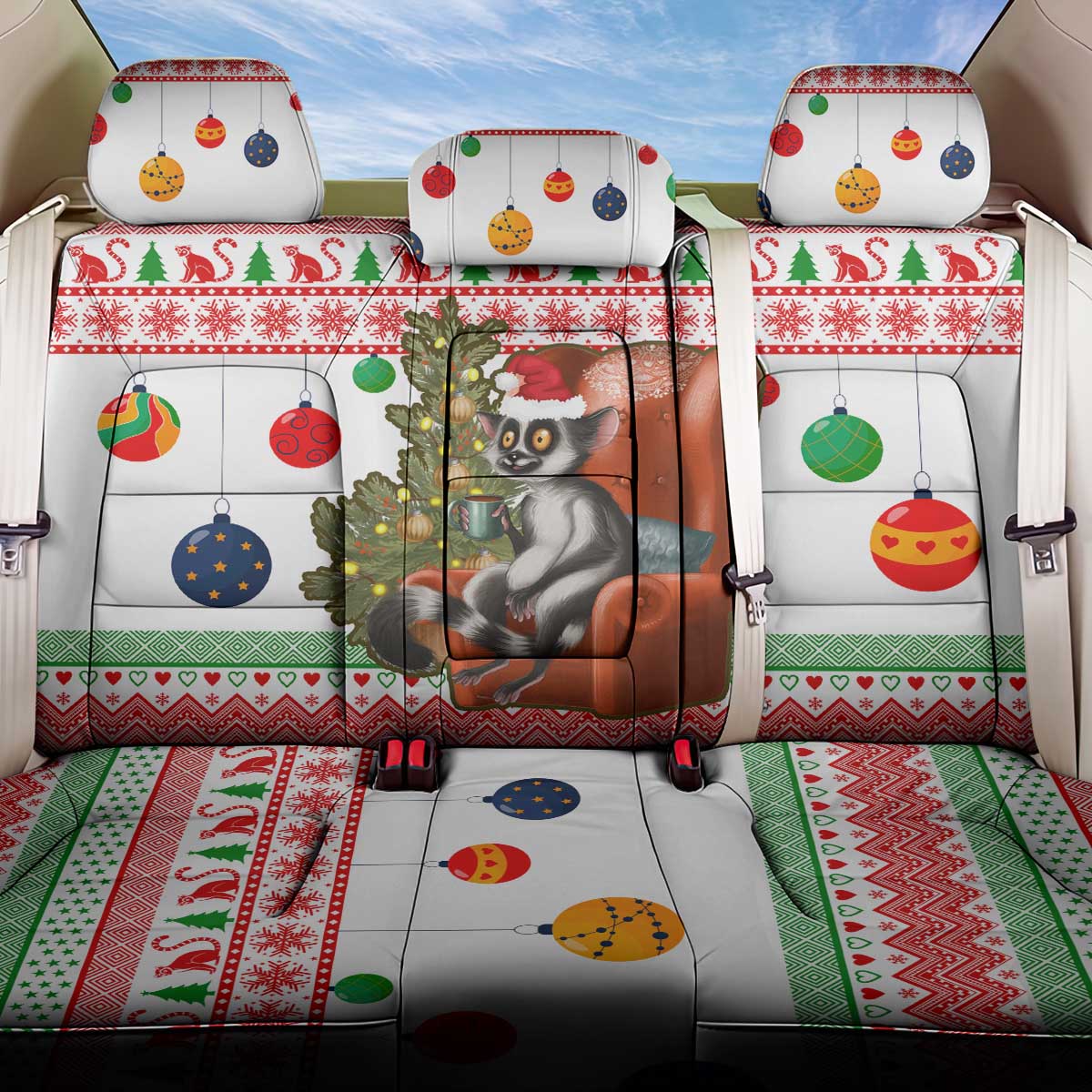 Madagascar Christmas Back Car Seat Cover with Lemur Santa Hat Holiday Tree and Festive Pattern - Wonder Print Shop