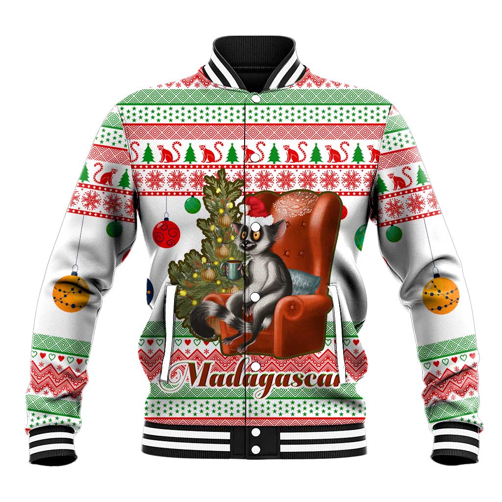 Madagascar Christmas Baseball Jacket with Lemur Santa Hat Holiday Tree and Festive Pattern - Wonder Print Shop