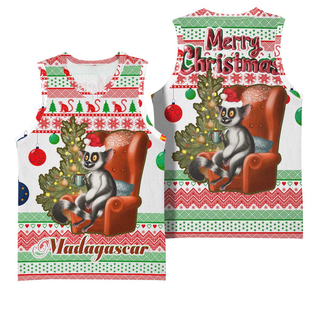 Madagascar Christmas Basketball Jersey with Lemur Santa Hat Holiday Tree and Festive Pattern - Wonder Print Shop