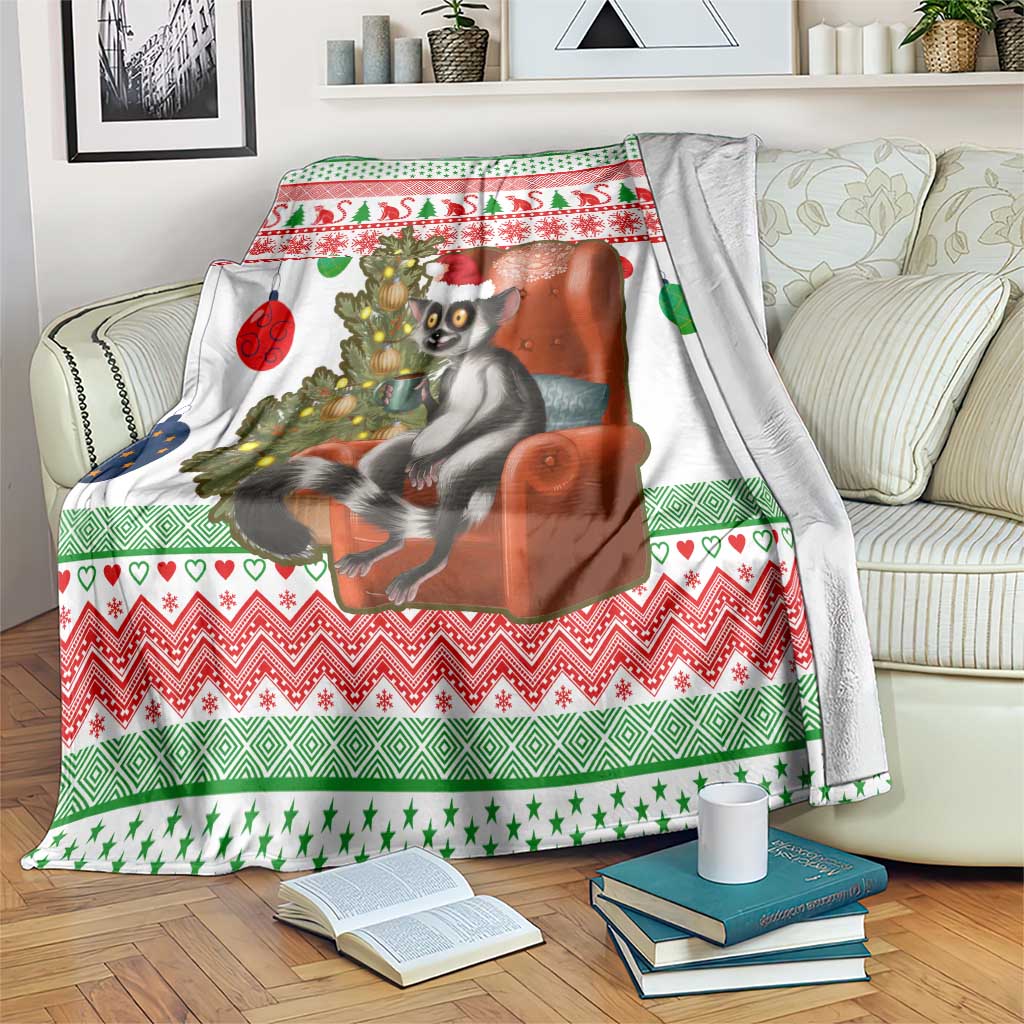 Madagascar Christmas Blanket with Lemur Santa Hat Holiday Tree and Festive Pattern - Wonder Print Shop