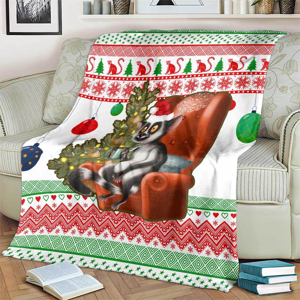 Madagascar Christmas Blanket with Lemur Santa Hat Holiday Tree and Festive Pattern - Wonder Print Shop