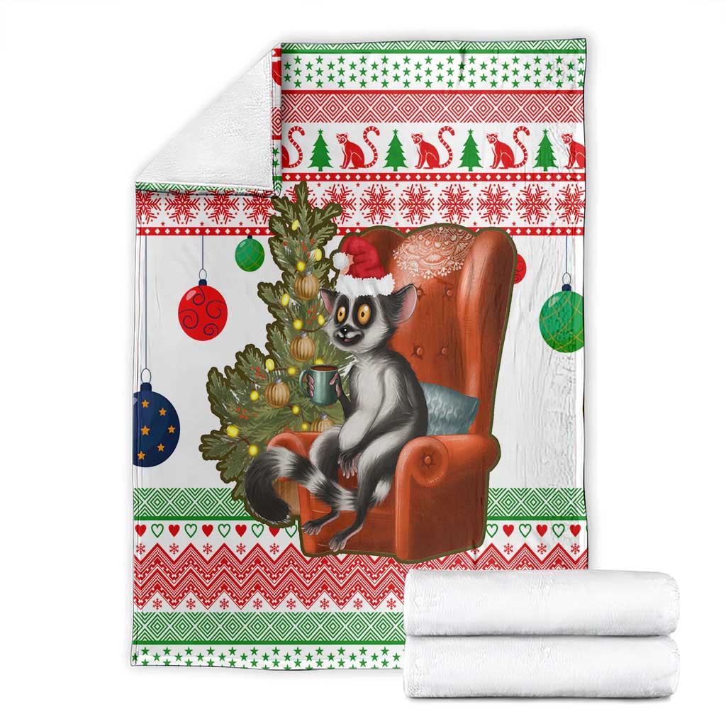 Madagascar Christmas Blanket with Lemur Santa Hat Holiday Tree and Festive Pattern - Wonder Print Shop