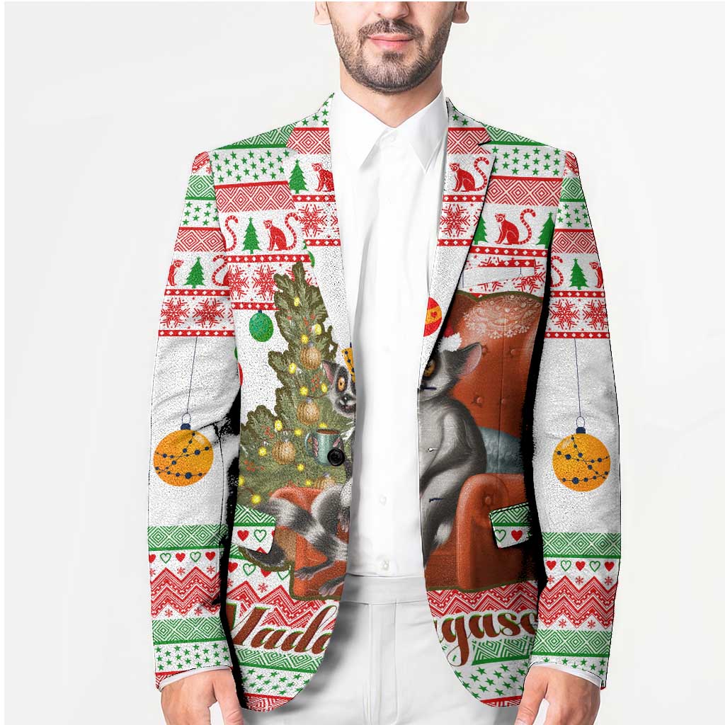 Madagascar Christmas Blazer with Lemur Santa Hat Holiday Tree and Festive Pattern - Wonder Print Shop