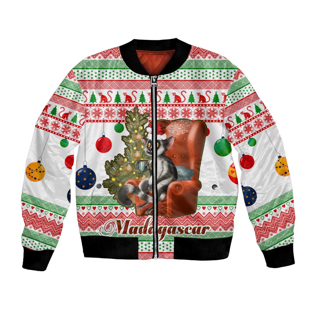 Madagascar Christmas Bomber Jacket with Lemur Santa Hat Holiday Tree and Festive Pattern - Wonder Print Shop
