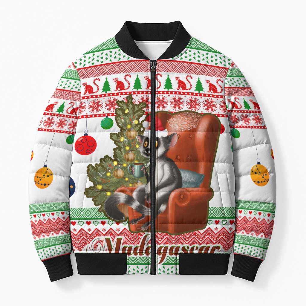 Madagascar Christmas Bomber Puffer Jacket with Lemur Santa Hat Holiday Tree and Festive Pattern - Wonder Print Shop