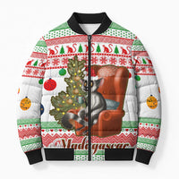 Madagascar Christmas Bomber Puffer Jacket with Lemur Santa Hat Holiday Tree and Festive Pattern - Wonder Print Shop