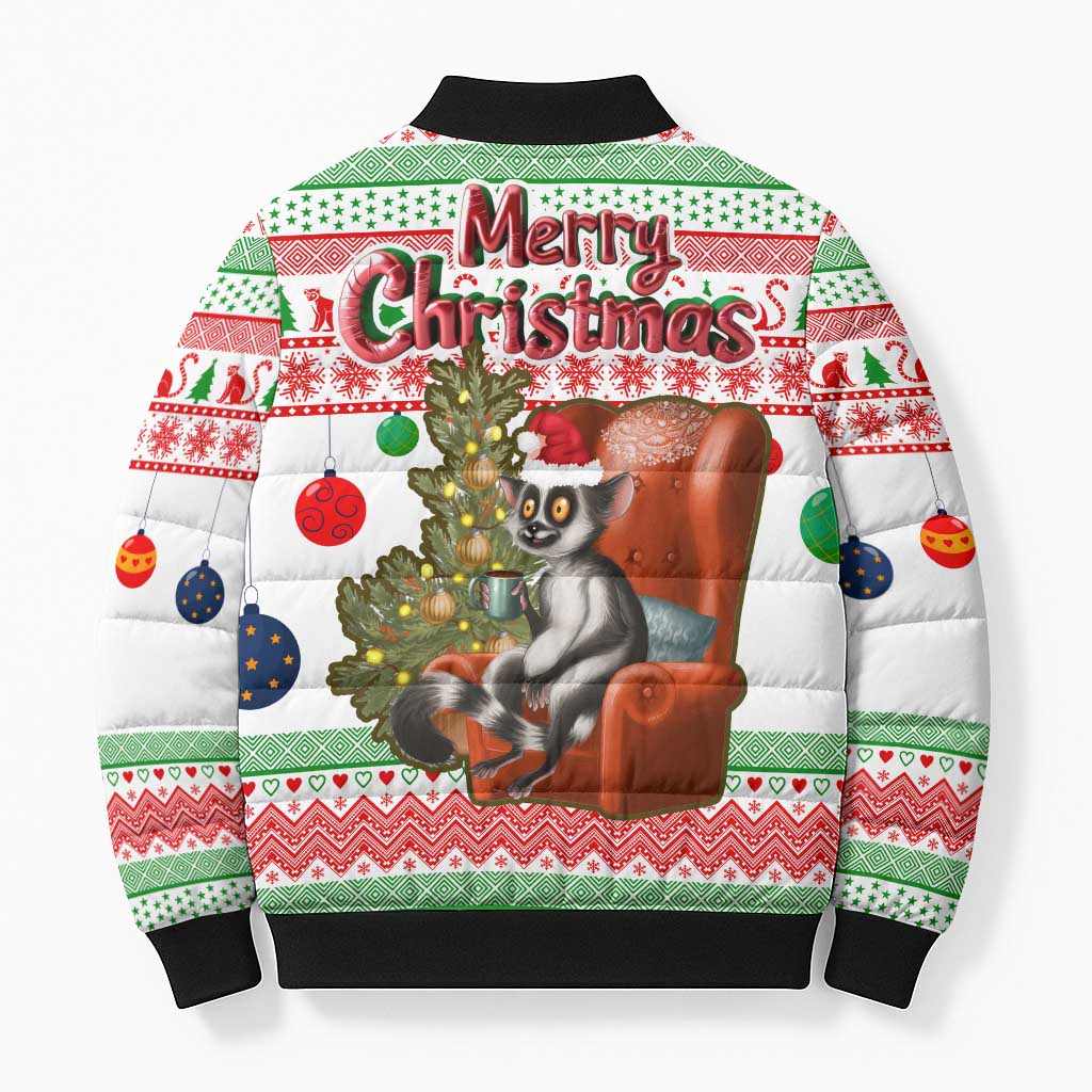 Madagascar Christmas Bomber Puffer Jacket with Lemur Santa Hat Holiday Tree and Festive Pattern - Wonder Print Shop