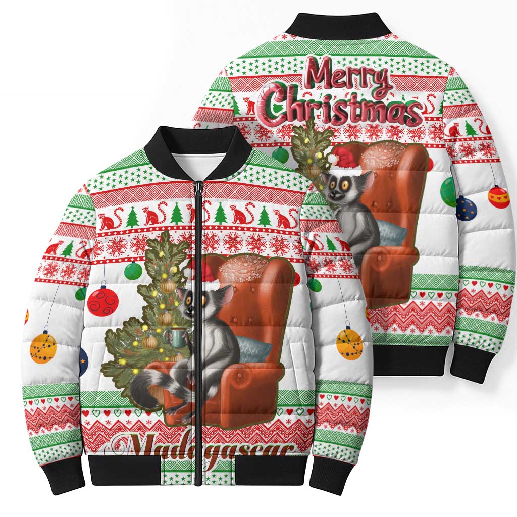 Madagascar Christmas Bomber Puffer Jacket with Lemur Santa Hat Holiday Tree and Festive Pattern - Wonder Print Shop