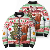 Madagascar Christmas Bomber Puffer Jacket with Lemur Santa Hat Holiday Tree and Festive Pattern - Wonder Print Shop
