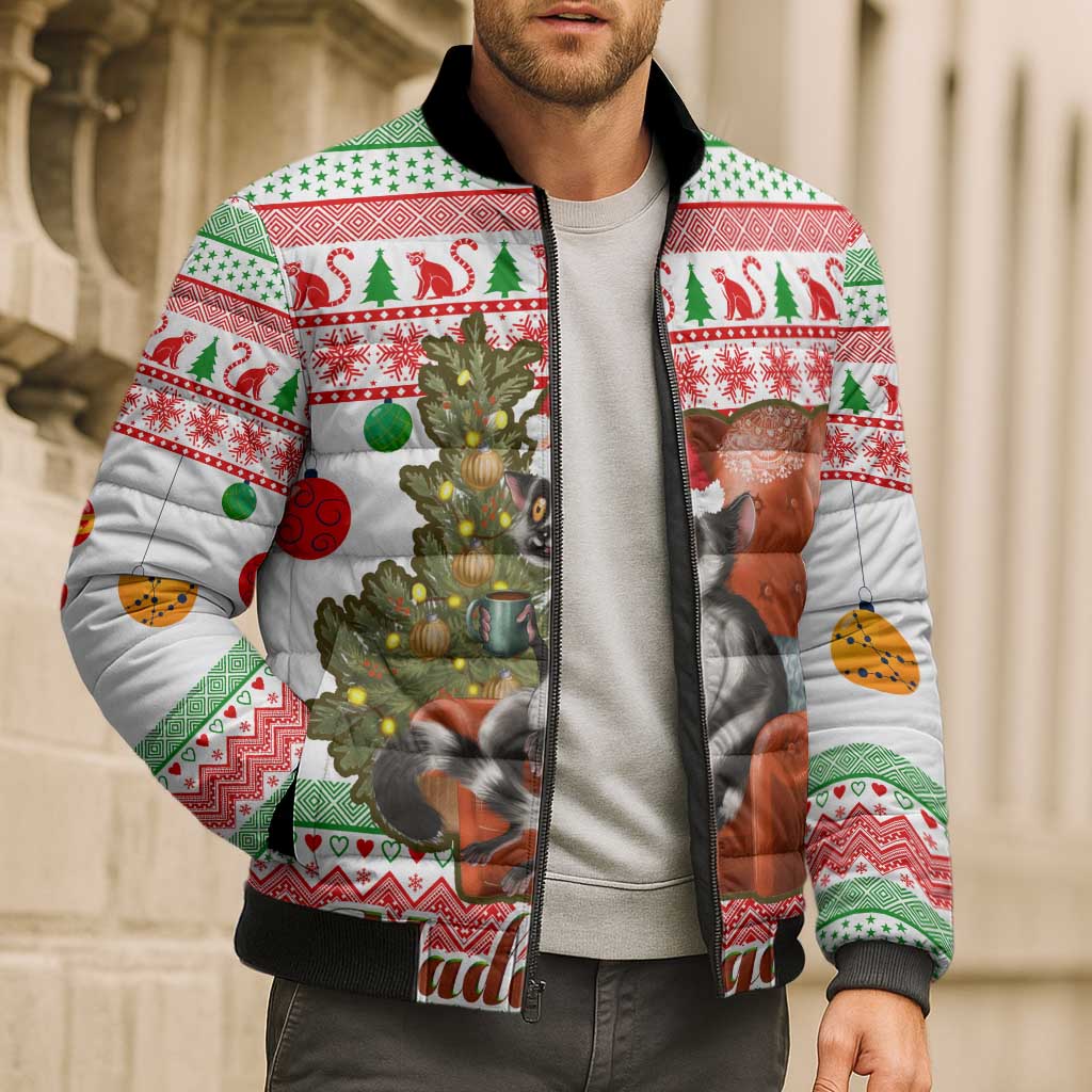 Madagascar Christmas Bomber Puffer Jacket with Lemur Santa Hat Holiday Tree and Festive Pattern - Wonder Print Shop