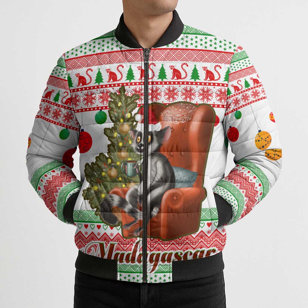 Madagascar Christmas Bomber Puffer Jacket with Lemur Santa Hat Holiday Tree and Festive Pattern - Wonder Print Shop