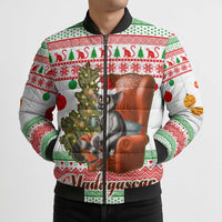 Madagascar Christmas Bomber Puffer Jacket with Lemur Santa Hat Holiday Tree and Festive Pattern - Wonder Print Shop