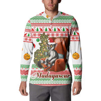 Madagascar Christmas Button Sweatshirt with Lemur Santa Hat Holiday Tree and Festive Pattern - Wonder Print Shop