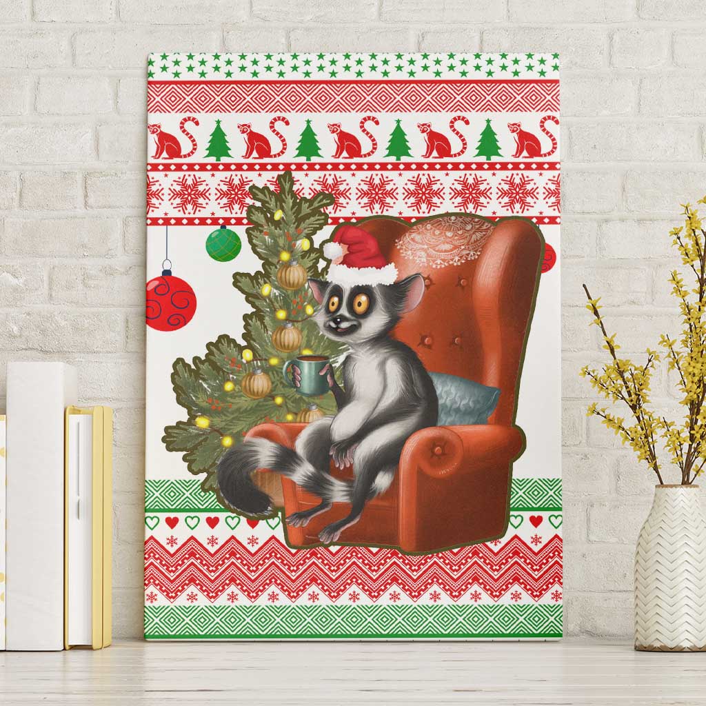 Madagascar Christmas Canvas Wall Art with Lemur Santa Hat Holiday Tree and Festive Pattern - Wonder Print Shop