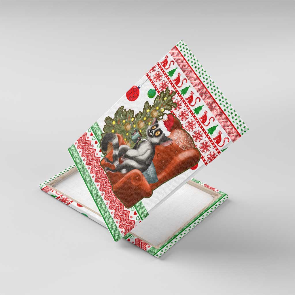 Madagascar Christmas Canvas Wall Art with Lemur Santa Hat Holiday Tree and Festive Pattern - Wonder Print Shop