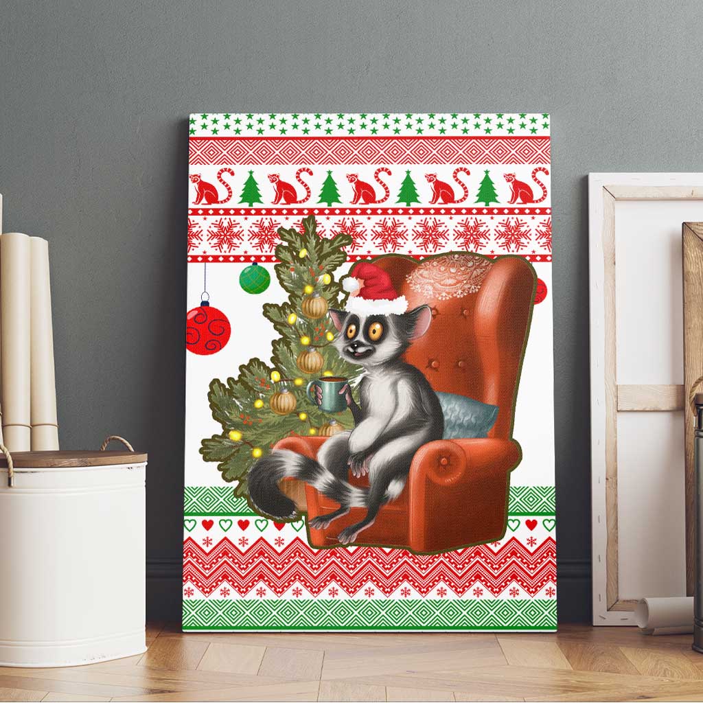 Madagascar Christmas Canvas Wall Art with Lemur Santa Hat Holiday Tree and Festive Pattern - Wonder Print Shop