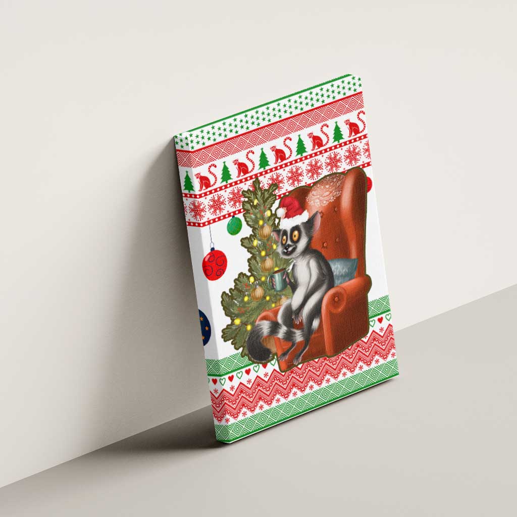 Madagascar Christmas Canvas Wall Art with Lemur Santa Hat Holiday Tree and Festive Pattern - Wonder Print Shop