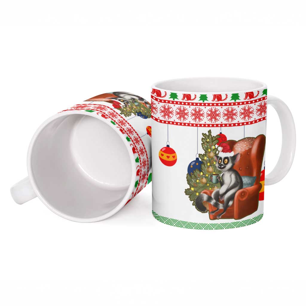 Madagascar Christmas Ceramic Mug with Lemur Santa Hat Holiday Tree and Festive Pattern - Wonder Print Shop