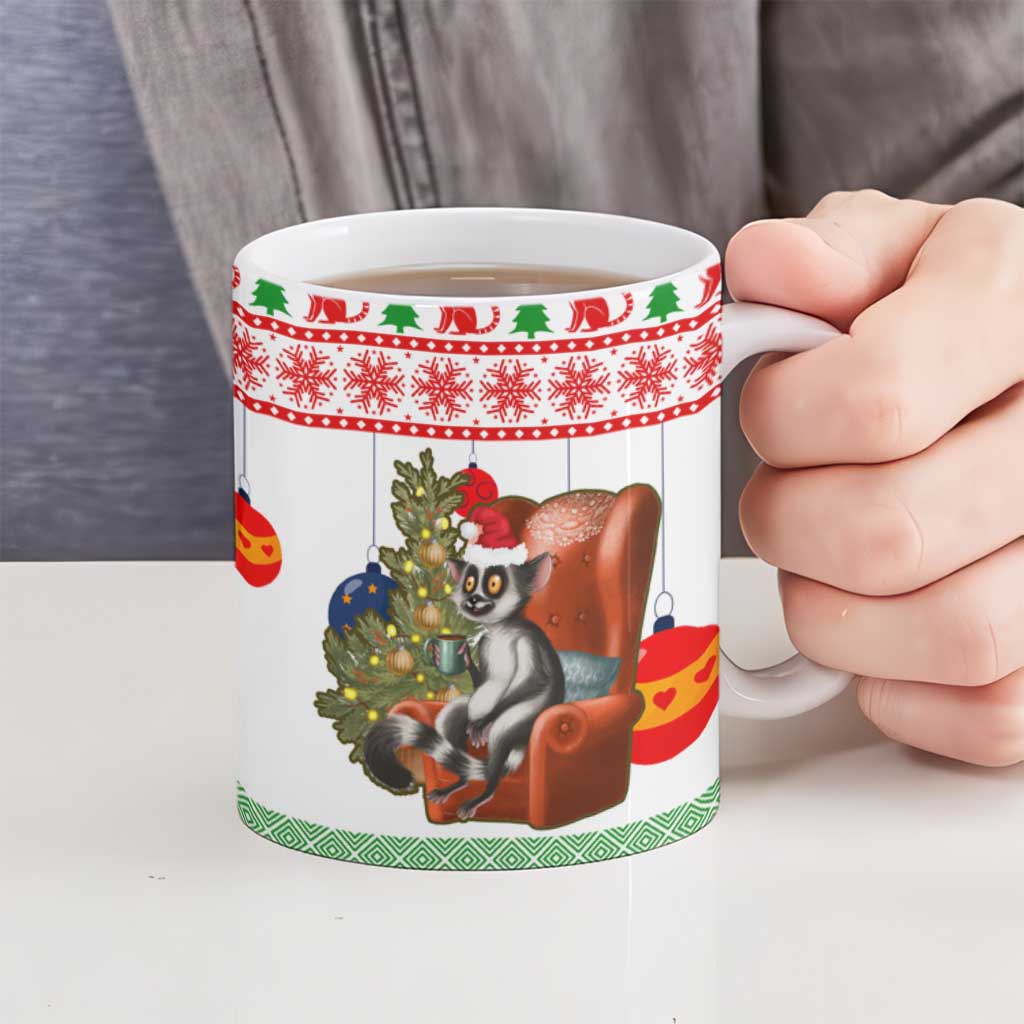 Madagascar Christmas Ceramic Mug with Lemur Santa Hat Holiday Tree and Festive Pattern - Wonder Print Shop